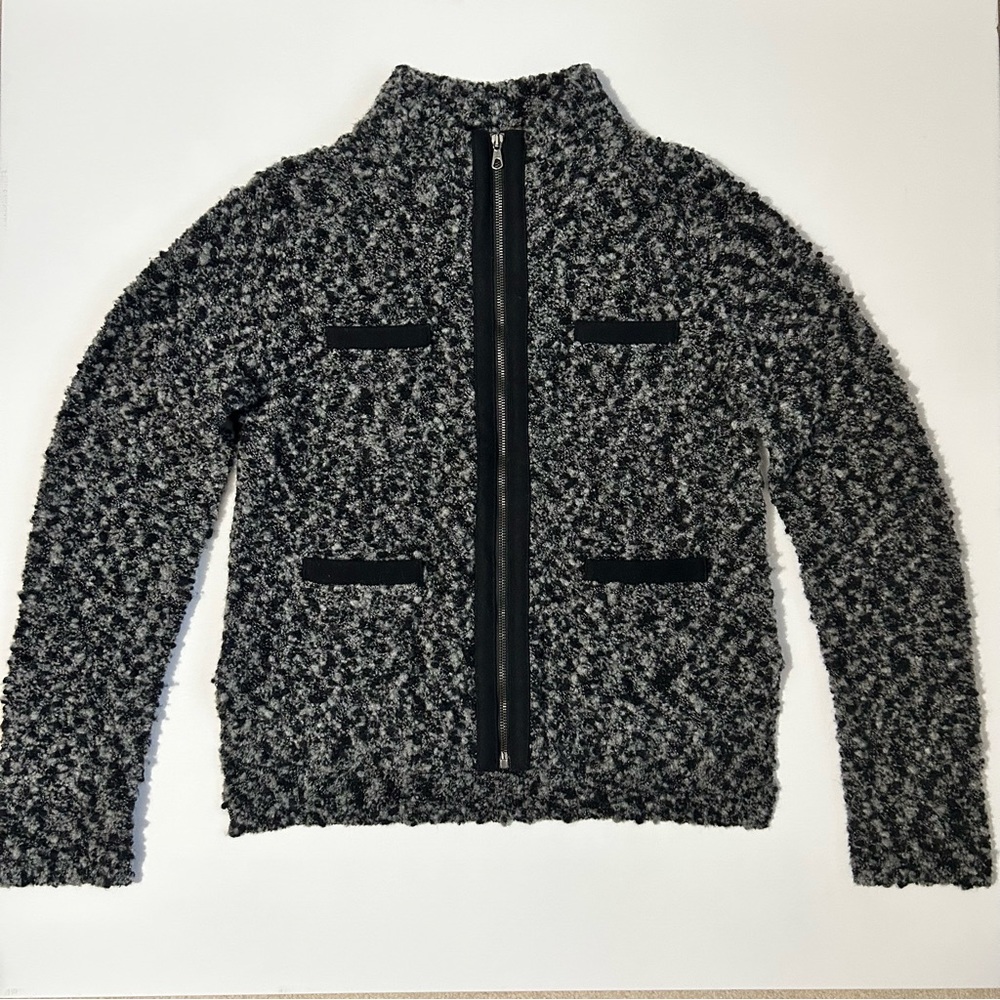 rag & bone Women's Black & Gray Merino Wool Boucle Full Zip Cardigan Jkt Size L